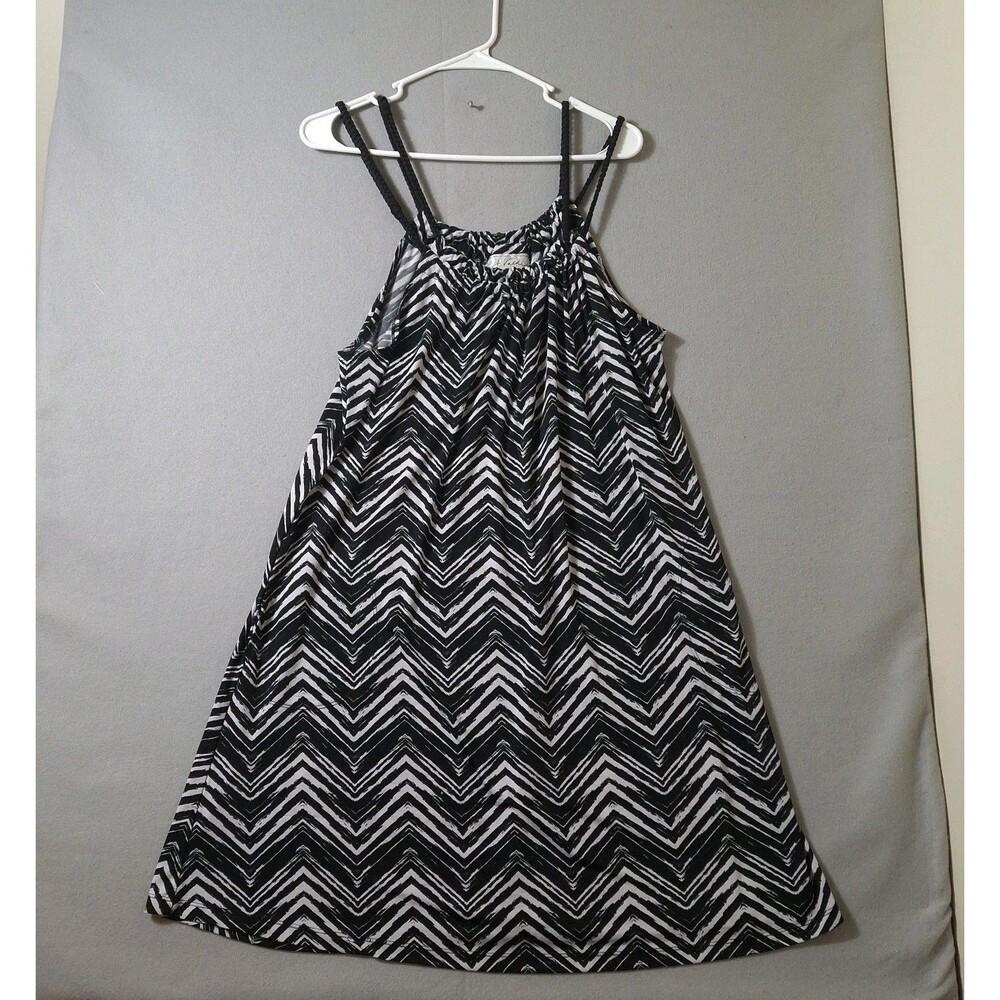 A’Gaci Women’s XL Black White Chevron Halter Swing Dress Braided Straps